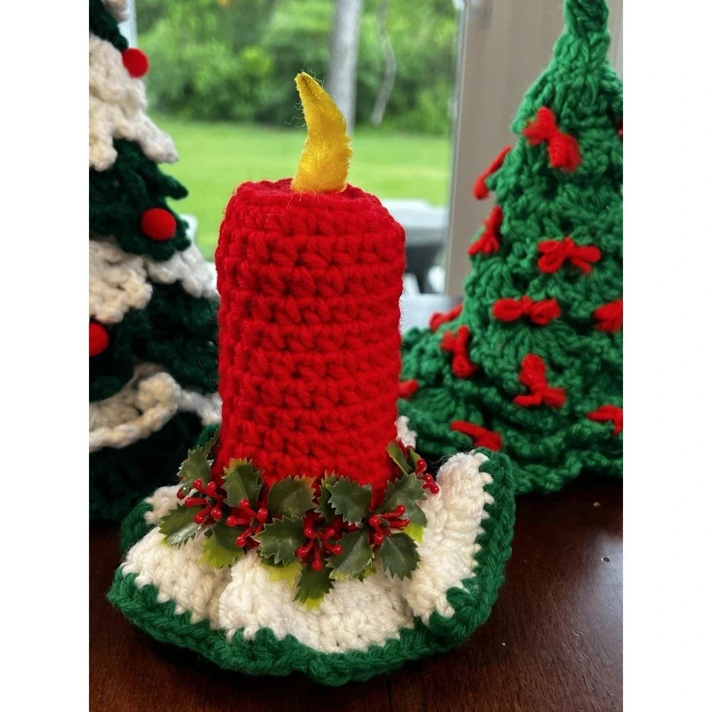 Vintage Crocheted Christmas Trees Green, White, Red Bows And Red Candle Handmade